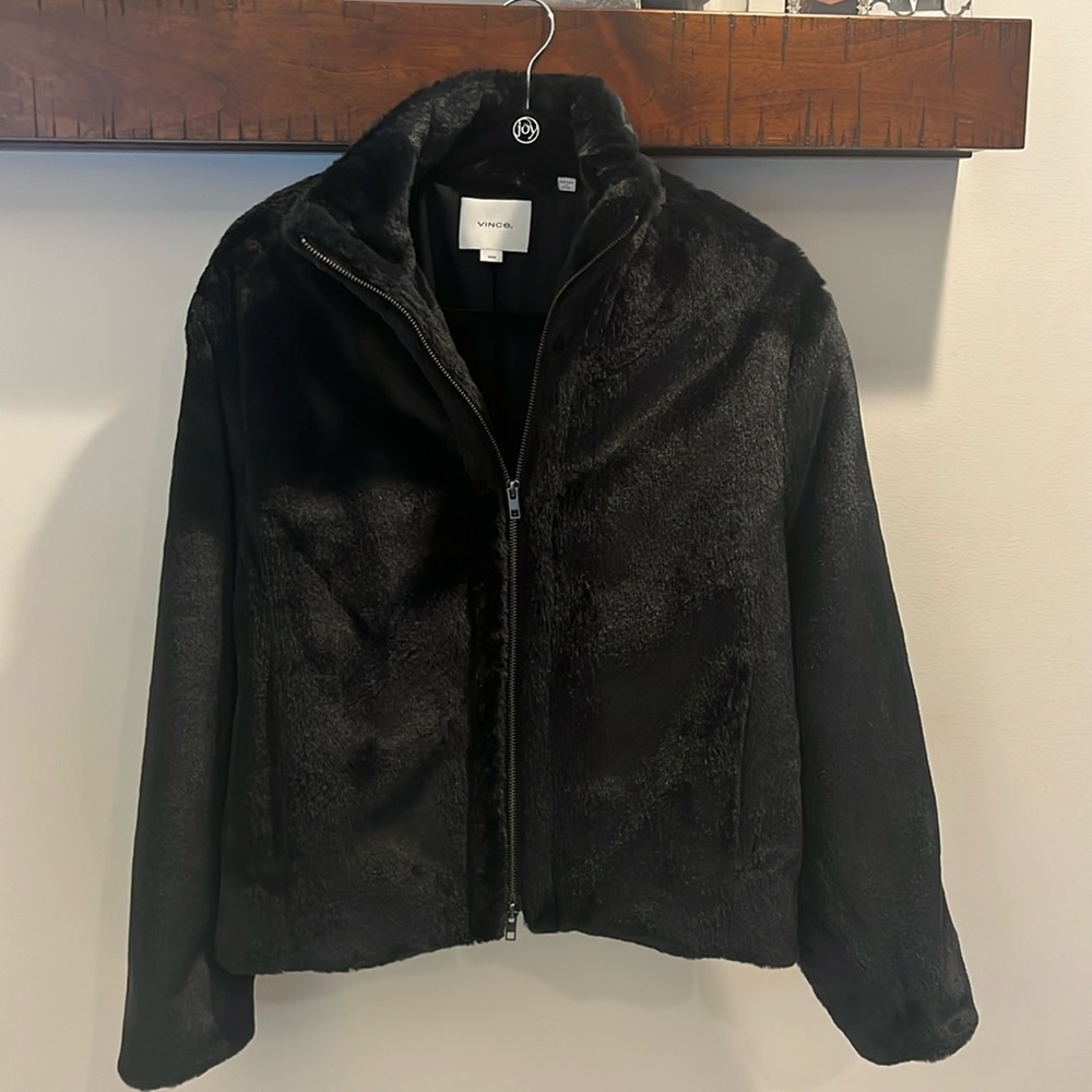 VINCE faux fur black bomber jacket with zipper. Wore once brand new condition.